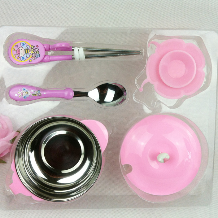 Stainless Steel Double-Layer Children's Cartoon Insulated Bowl Hello Kitty Tableware Gift Box 5-Piece Set