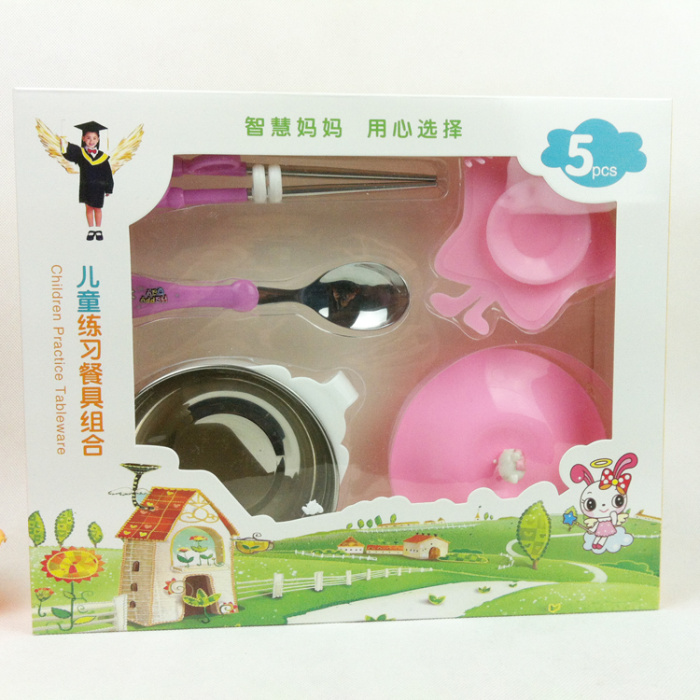 Stainless Steel Double-Layer Children's Cartoon Insulated Bowl Hello Kitty Tableware Gift Box 5-Piece Set