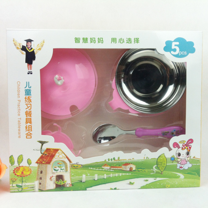 Stainless Steel Double-Layer Children's Cartoon Insulated Bowl Hello Kitty Tableware Gift Box 5-Piece Set