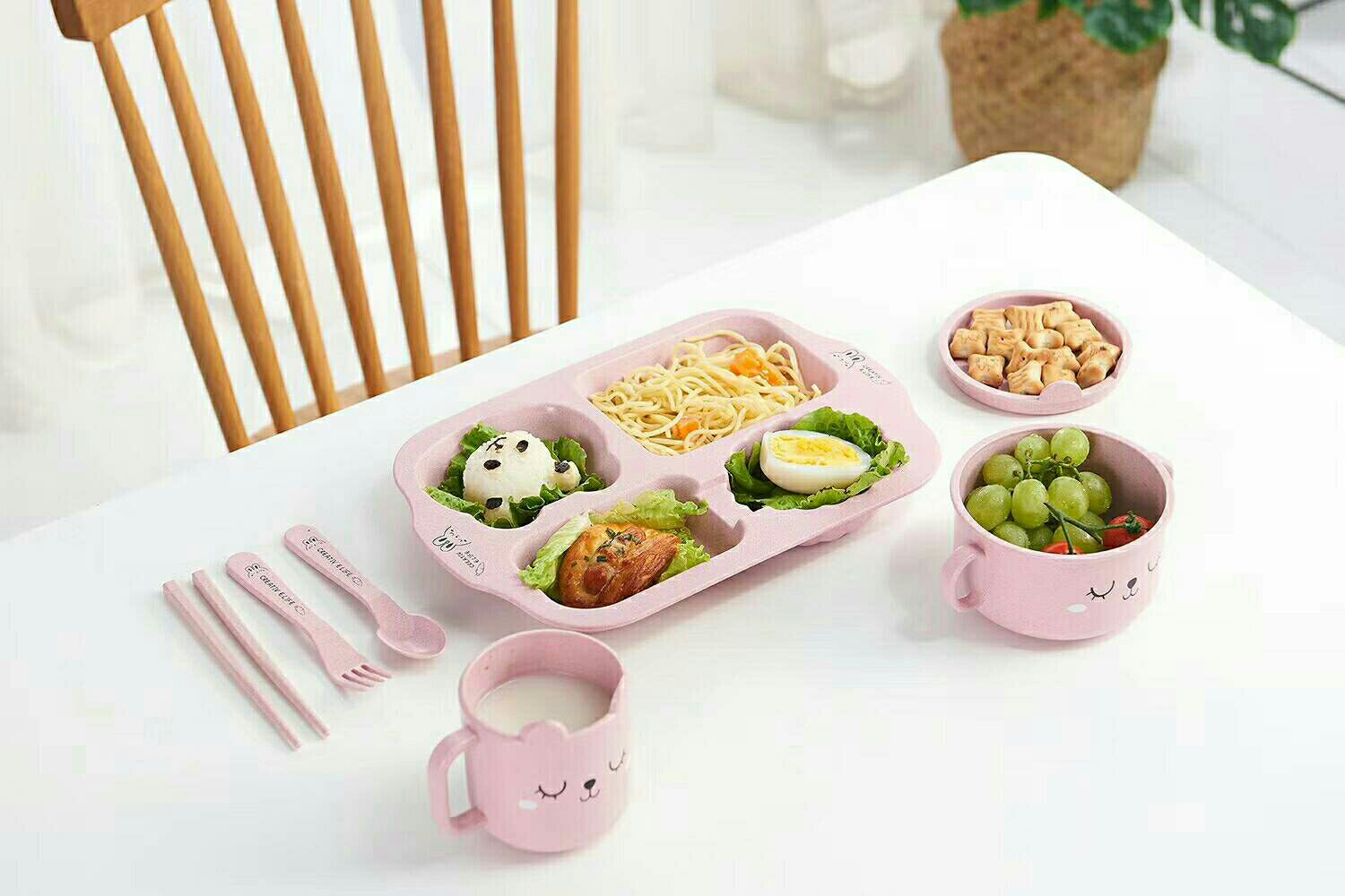 J06-6144 Environmentally friendly wheat straw children's tableware covers equipped with chopsticks, spoons and forks