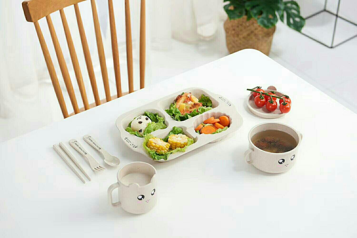 J06-6144 Environmentally friendly wheat straw children's tableware covers equipped with chopsticks, spoons and forks