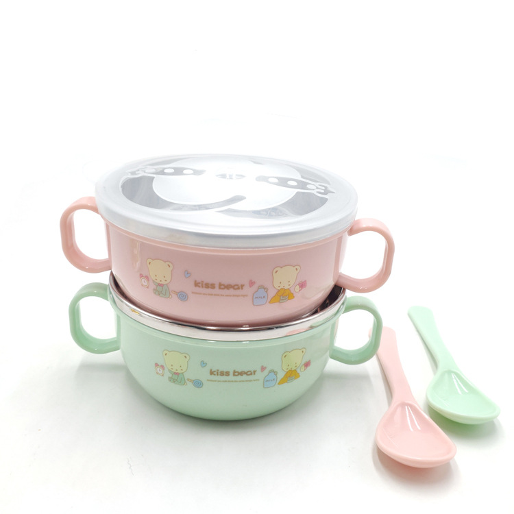 Double Handle Baby Food Supplement Tableware Baby Eating Bowl Children&#039;s Stainless Steel Small Bowl with Spoon Cartoon Soup Bowl Can Be Customized