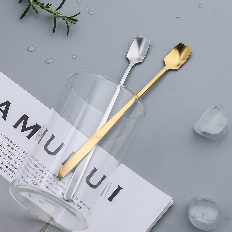 SOURCE Stainless Steel Tableware Factory Golden Square Spoon Korean Stirring Spoon Long Handle Bar Ice Spoon Wholesale Matching Spoon