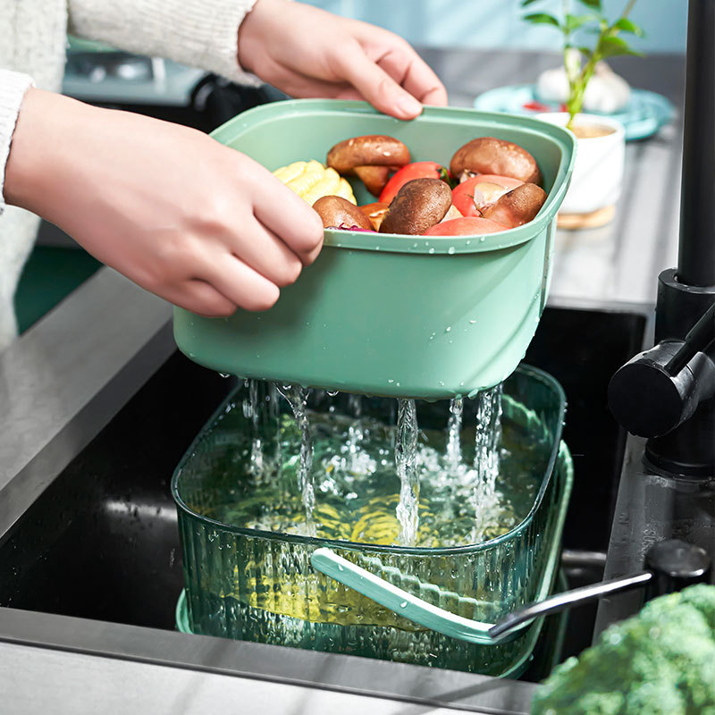 Double-Layer Plastic Drain Basket with Handle Washing Vegetable Basket Kitchen Storage Basket Tao Vegetable Basket Household Fruit Baskets Living Room Fruit Pot