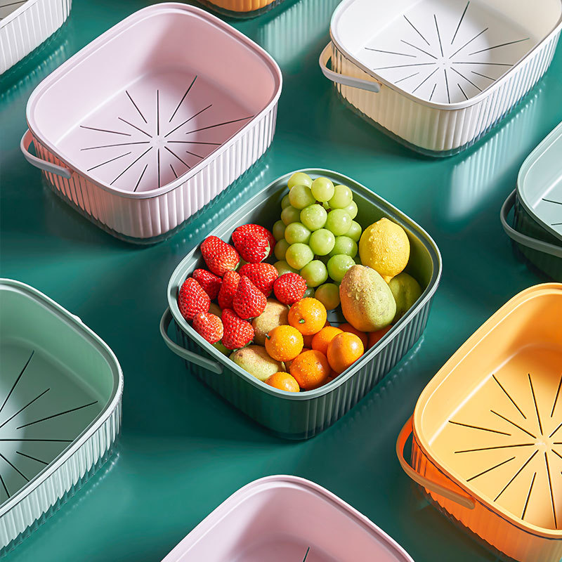 Double-Layer Plastic Drain Basket with Handle Washing Vegetable Basket Kitchen Storage Basket Tao Vegetable Basket Household Fruit Baskets Living Room Fruit Pot