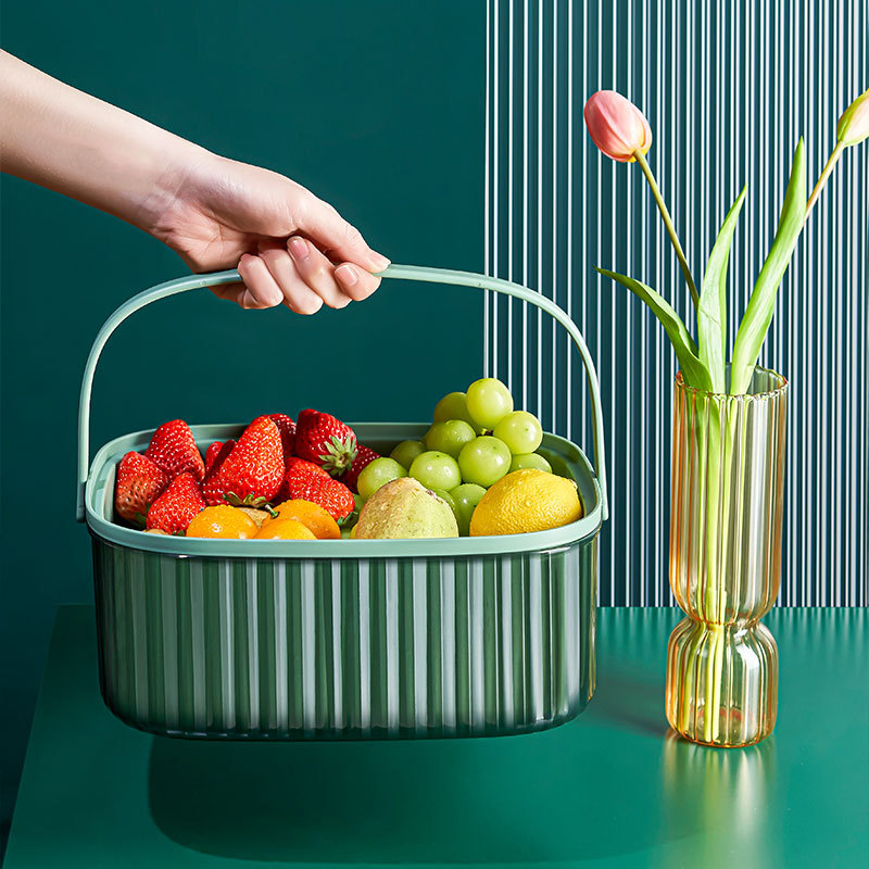 Double-Layer Plastic Drain Basket with Handle Washing Vegetable Basket Kitchen Storage Basket Tao Vegetable Basket Household Fruit Baskets Living Room Fruit Pot