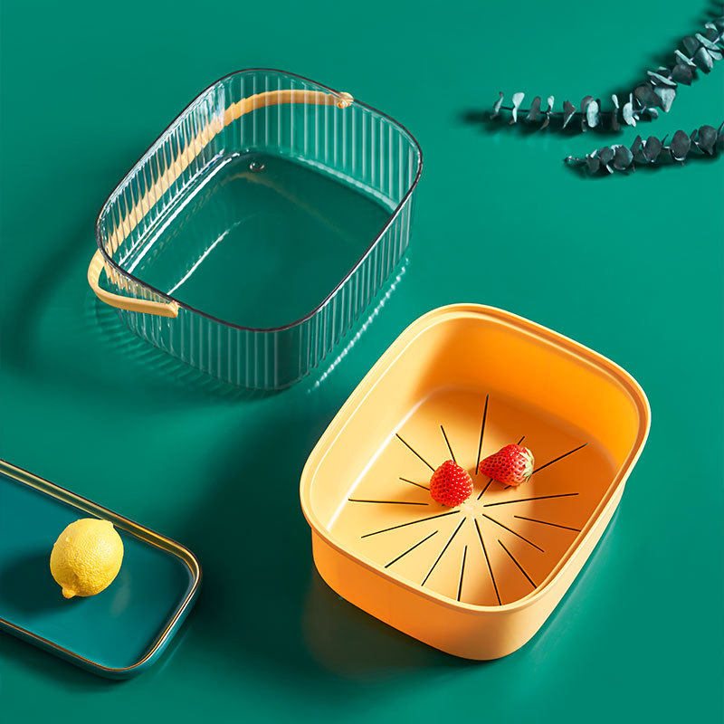 Double-Layer Plastic Drain Basket with Handle Washing Vegetable Basket Kitchen Storage Basket Tao Vegetable Basket Household Fruit Baskets Living Room Fruit Pot
