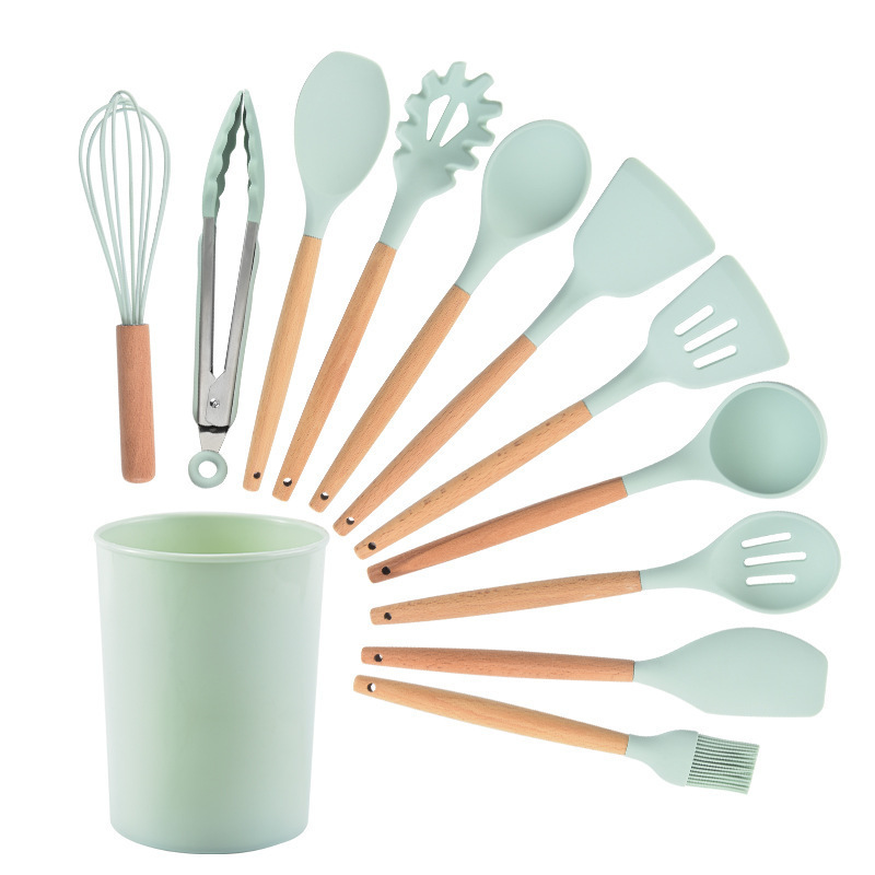 Wooden Handle Silicone Kitchenware 12-Piece Kitchen Tools Non-Stick Pan Cooking Ladel 11 Pieces plus Storage Bucket Kitchenware Set