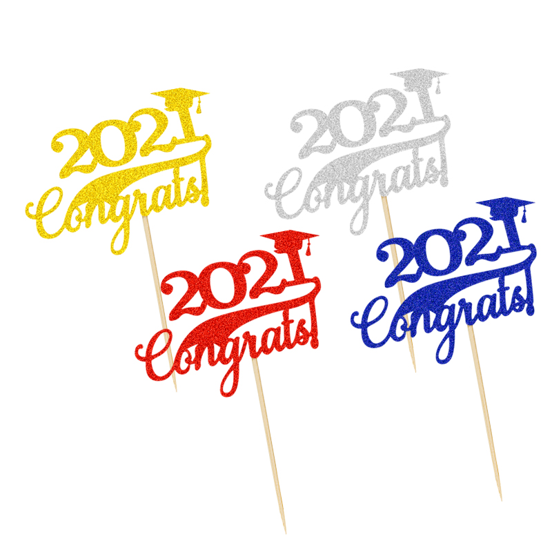Graduation Party Dining-Table Decoration Gold Silver Blue Red 2021congrats! Cake inserting card