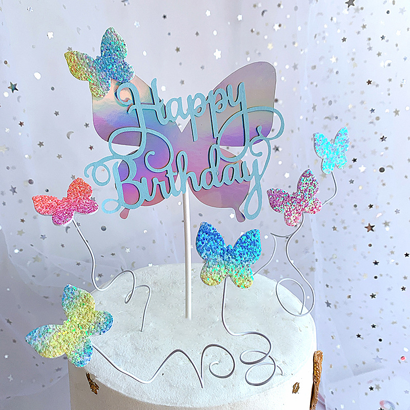 Cross-Border Butterfly Cake Decoration Gradient Color Non-Woven Fabric Cake Inserting Card Dessert Table Happy Birthday Topper for Baking