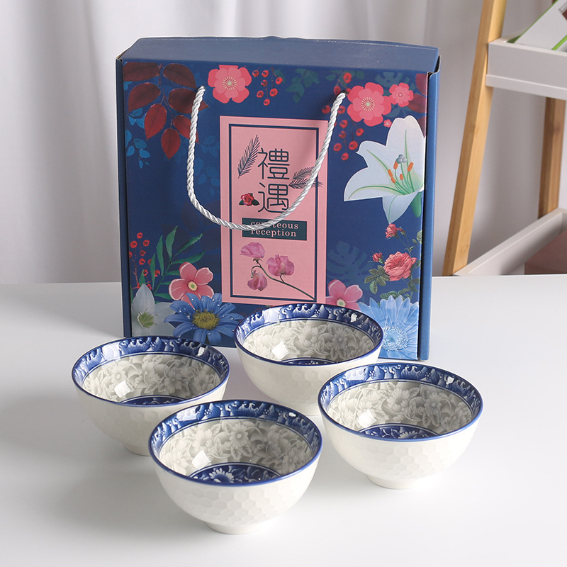 Ceramic Bowl and Chopsticks Set Thanksgiving Meeting Gift Tableware National Color Blue and White Insurance Advertising Promotion Drainage Return Gift Exhibition Industry
