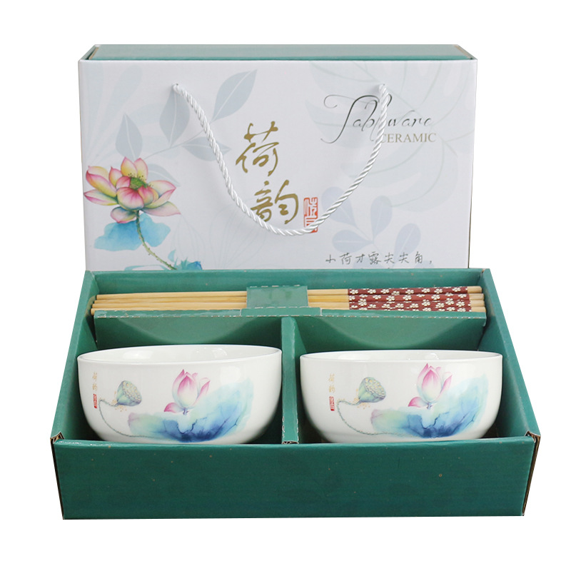 Elegant Charm of Lotus Bowl and Chopsticks Series Tableware Gift Box Household Return Activity Combination Offer Gift Ceramic Tableware Set