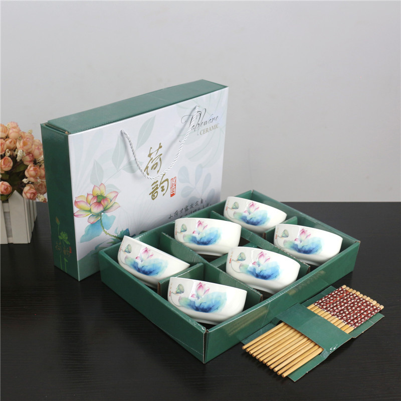 Elegant Charm of Lotus Bowl and Chopsticks Series Tableware Gift Box Household Return Activity Combination Offer Gift Ceramic Tableware Set Elegant Charm of Lotus Bowl and Chopsticks Series Tableware Gift Box Household Return Activity Combination Offer Gift Ceramic Tableware Set