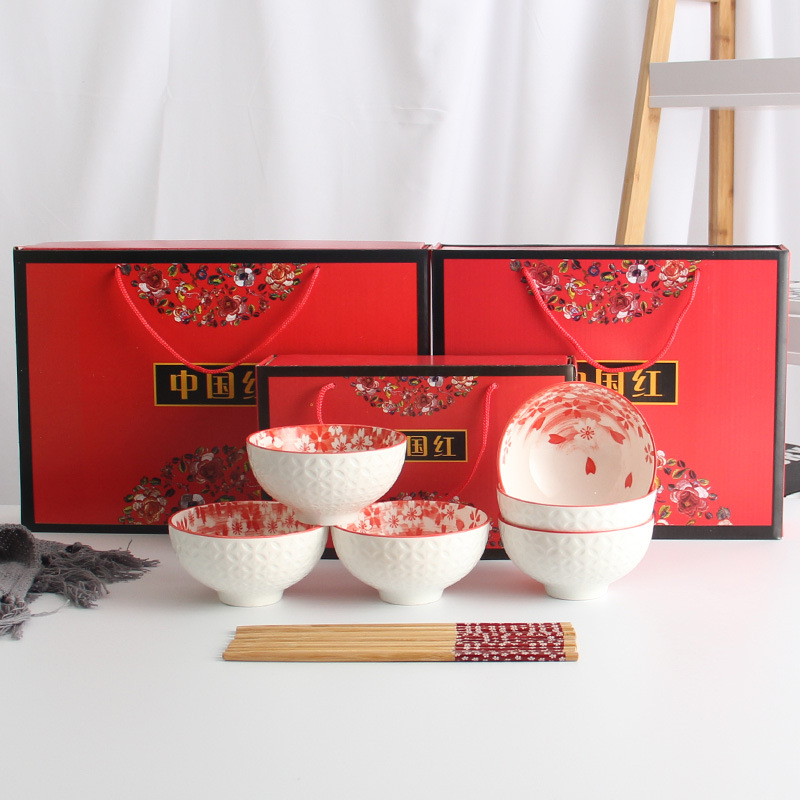 Special Offer Chinese Red Bowl and Chopsticks Underglaze Ceramic Bowl Set Advertising Business Insurance Company Gift