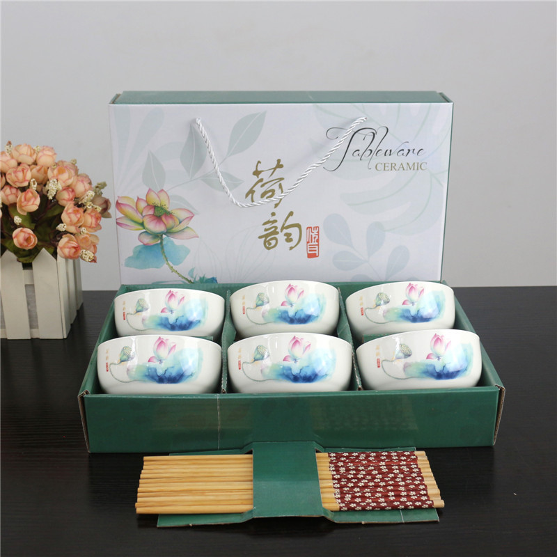 Elegant Charm of Lotus Bowl and Chopsticks Series Tableware Gift Box Household Return Activity Combination Offer Gift Ceramic Tableware Set