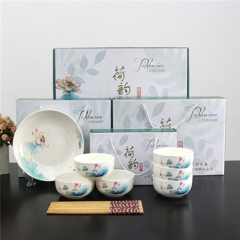 Elegant Charm of Lotus Bowl and Chopsticks Series Tableware Gift Box Household Return Activity Combination Offer Gift Ceramic Tableware Set