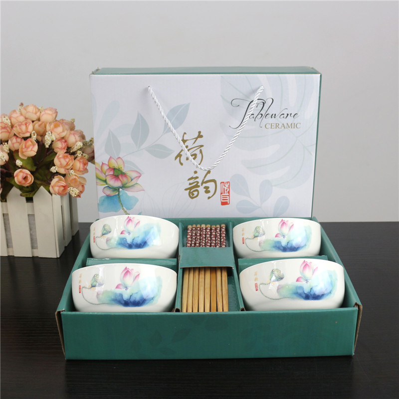 Elegant Charm of Lotus Bowl and Chopsticks Series Tableware Gift Box Household Return Activity Combination Offer Gift Ceramic Tableware Set