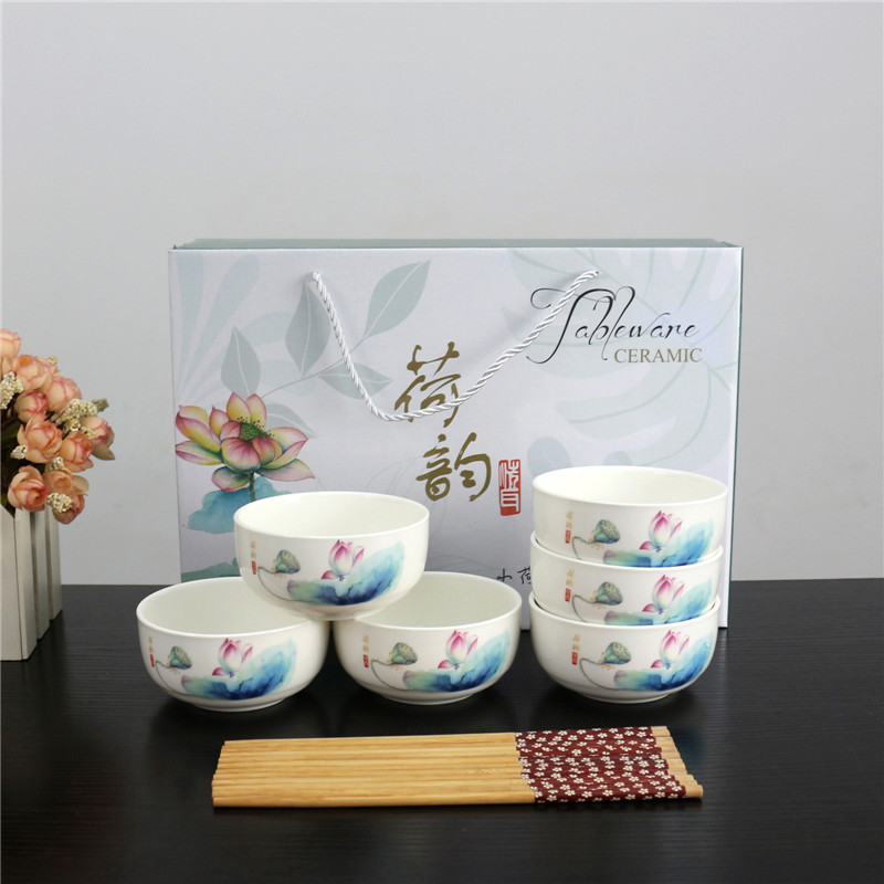Elegant Charm of Lotus Bowl and Chopsticks Series Tableware Gift Box Household Return Activity Combination Offer Gift Ceramic Tableware Set