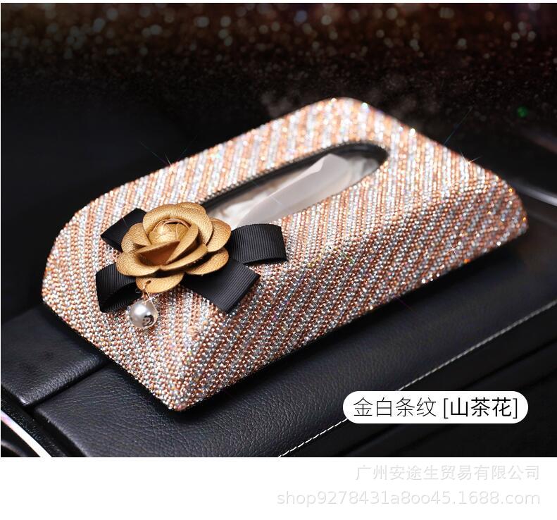 Car Tissue Box Diamond Leather Camellia Striped Full Diamond Tissue Box Seat Armrest Box Tissue Box Car