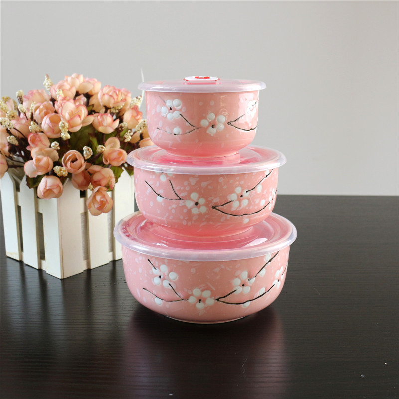 Ceramic Freshness Bowl Three-Piece Microwave Oven Freshness Bowl Gift Box Snowflake Glaze Meeting Sale Gift Wedding Return Set