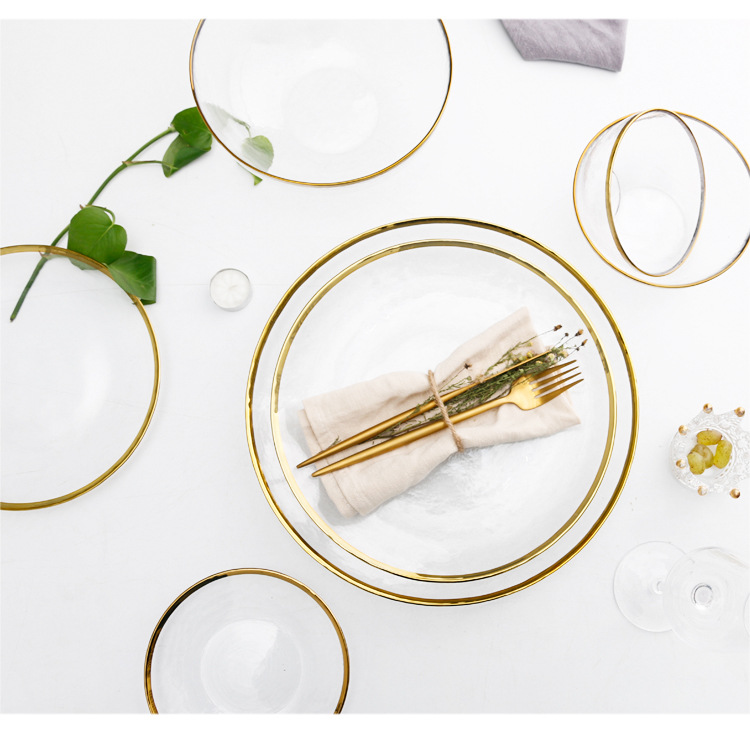Internet Celebrity Handmade Gilt Edging Glass Tableware Transparent Surface Packing Leather Household Bowl Dish & Plate Crystal Hammer Patterned Plate Internet Celebrity Handmade Gilt Edging Glass Tableware Transparent Surface Packing Leather Household Bowl Dish & Plate Crystal Hammer Patterned Plate