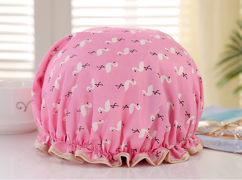 Factory Wholesale Adult Female Double-Layer Edge Waterproof Eva Shower Cap Cartoon Printed Pattern Polyester Cotton Waterproof Shower Cap