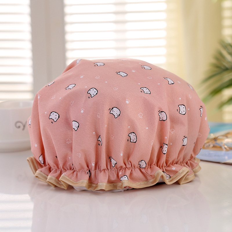 Factory Wholesale Adult Female Double-Layer Edge Waterproof Eva Shower Cap Cartoon Printed Pattern Polyester Cotton Waterproof Shower Cap