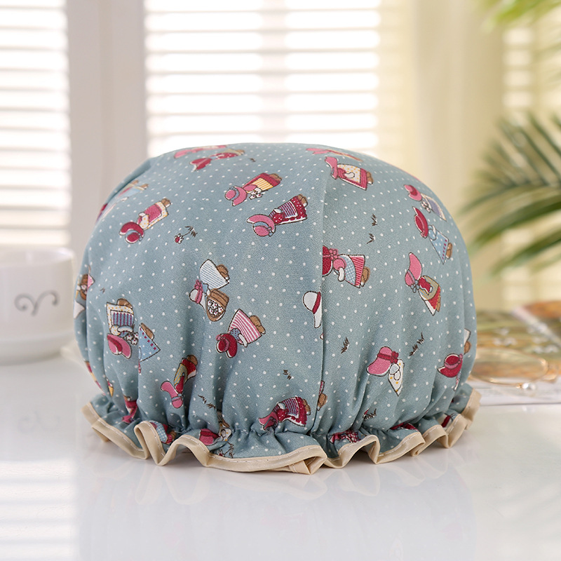 Factory Wholesale Adult Female Double-Layer Edge Waterproof Eva Shower Cap Cartoon Printed Pattern Polyester Cotton Waterproof Shower Cap