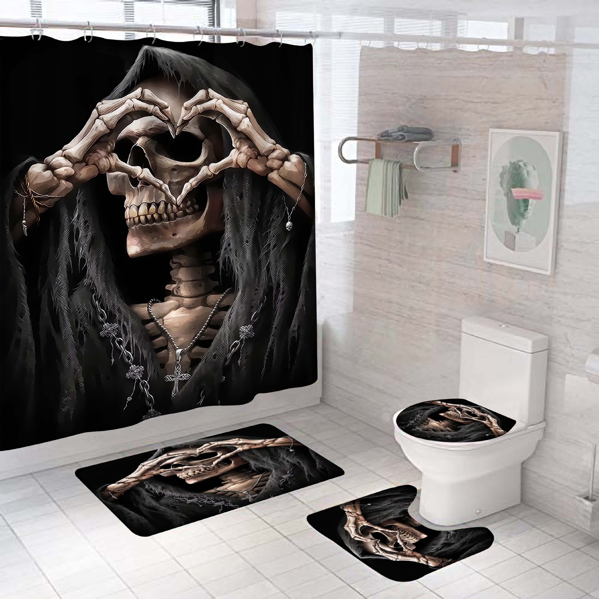 3D Digital Printing Wansheng Skull Polyester Shower Curtain Floor Mat Toilet Mat Toilet Lid Four-Piece Set Customized Products