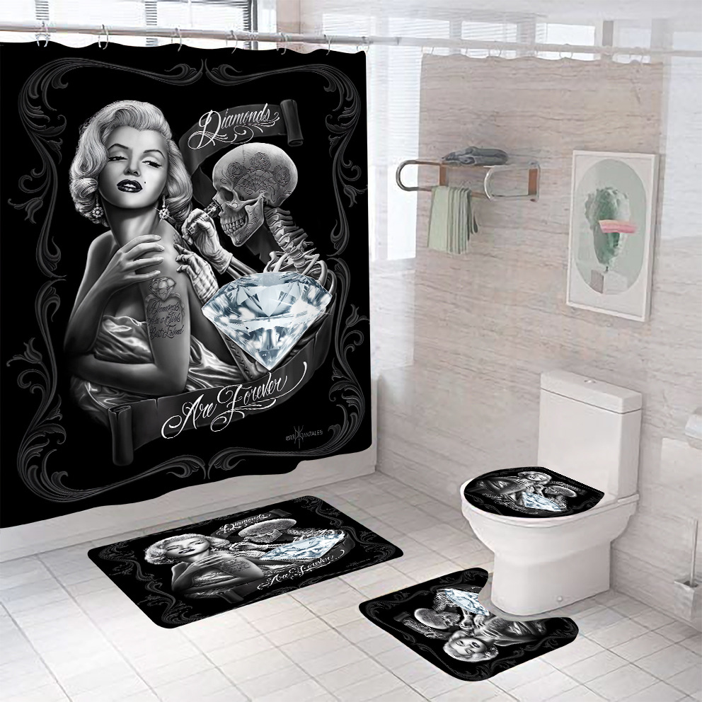 3D Digital Printing Wansheng Skull Polyester Shower Curtain Floor Mat Toilet Mat Toilet Lid Four-Piece Set Customized Products
