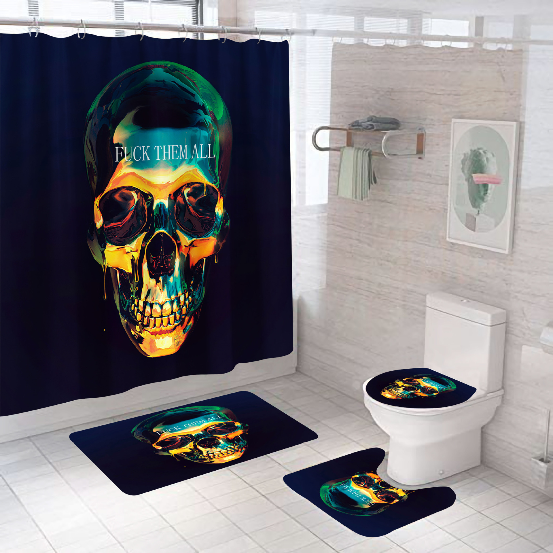 3D Digital Printing Wansheng Skull Polyester Shower Curtain Floor Mat Toilet Mat Toilet Lid Four-Piece Set Customized Products