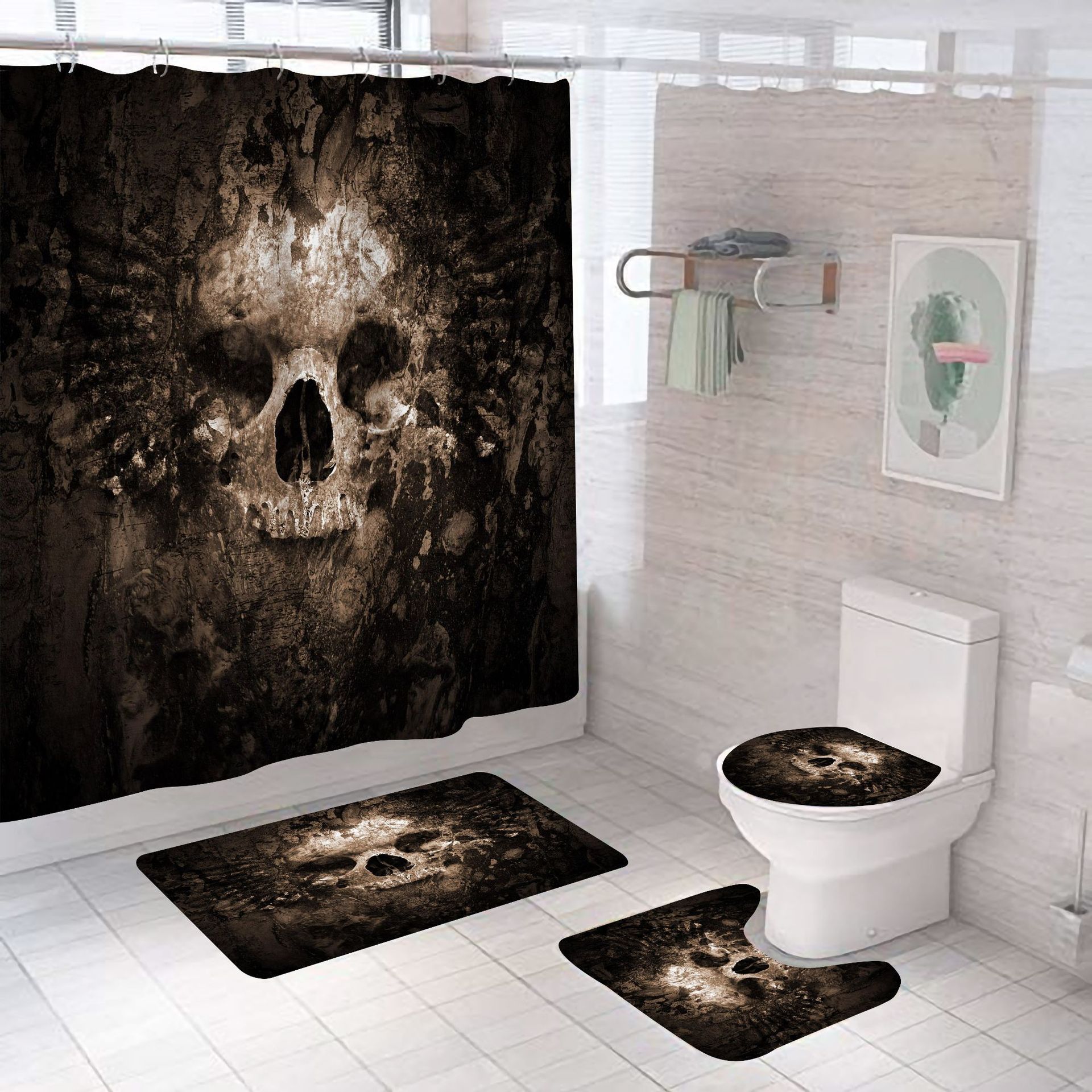 3D Digital Printing Wansheng Skull Polyester Shower Curtain Floor Mat Toilet Mat Toilet Lid Four-Piece Set Customized Products