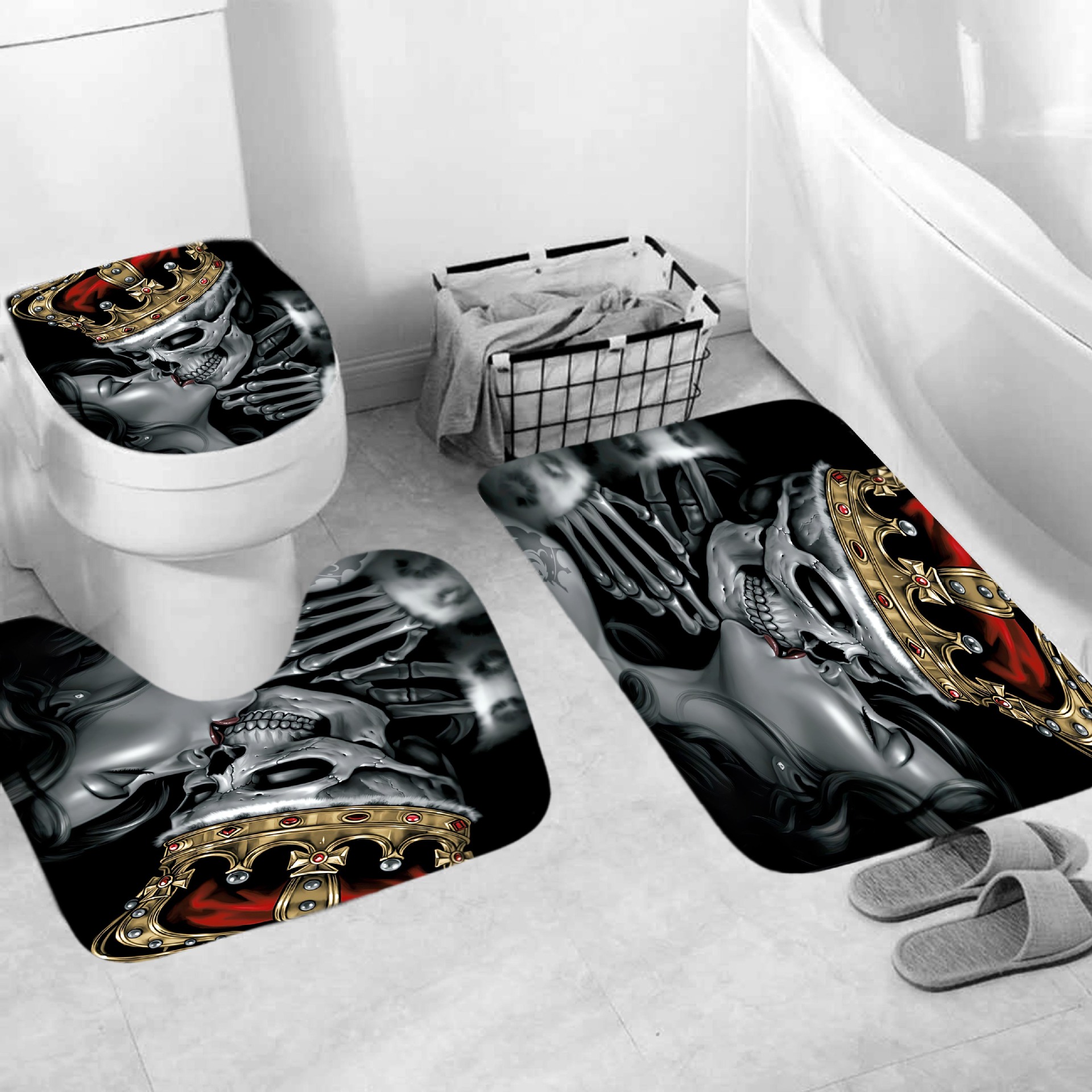 3D Digital Printing Wansheng Skull Polyester Shower Curtain Floor Mat Toilet Mat Toilet Lid Four-Piece Set Customized Products