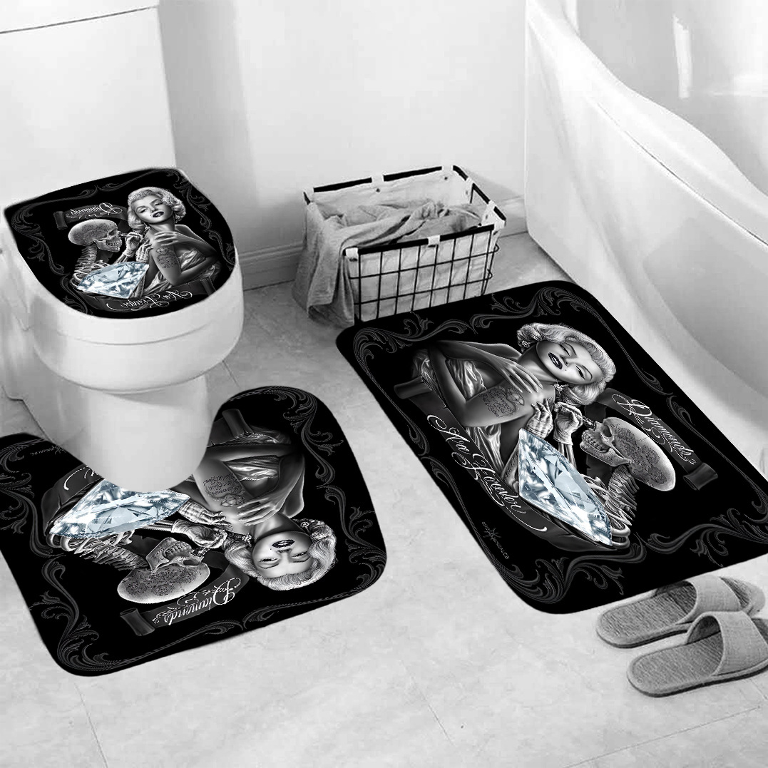 3D Digital Printing Wansheng Skull Polyester Shower Curtain Floor Mat Toilet Mat Toilet Lid Four-Piece Set Customized Products