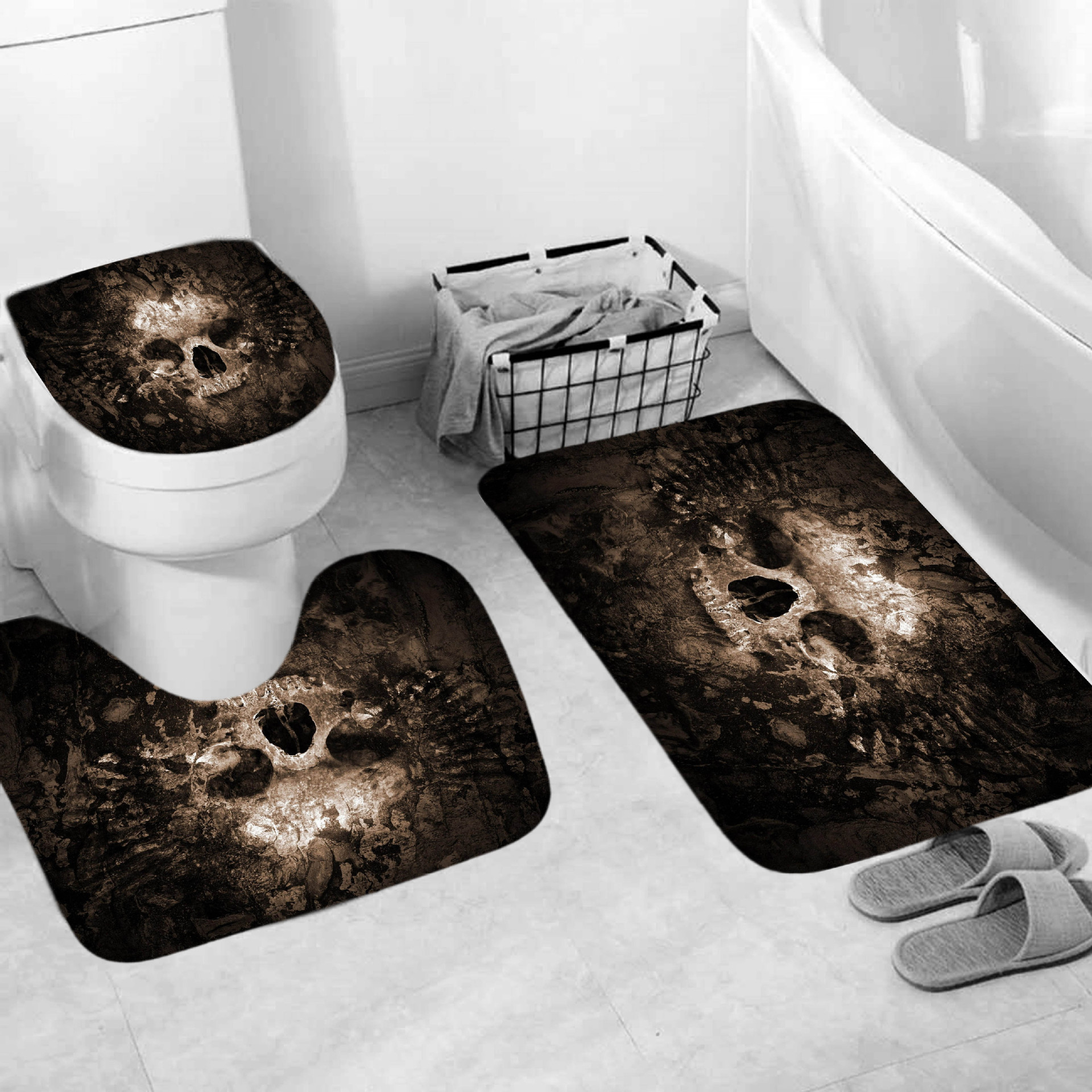 3D Digital Printing Wansheng Skull Polyester Shower Curtain Floor Mat Toilet Mat Toilet Lid Four-Piece Set Customized Products