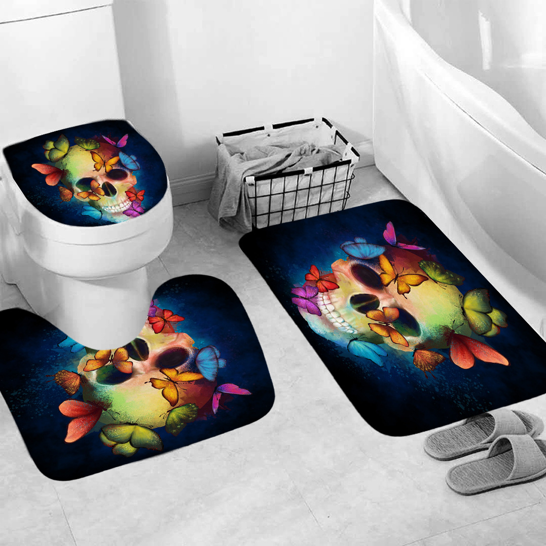 3D Digital Printing Wansheng Skull Polyester Shower Curtain Floor Mat Toilet Mat Toilet Lid Four-Piece Set Customized Products