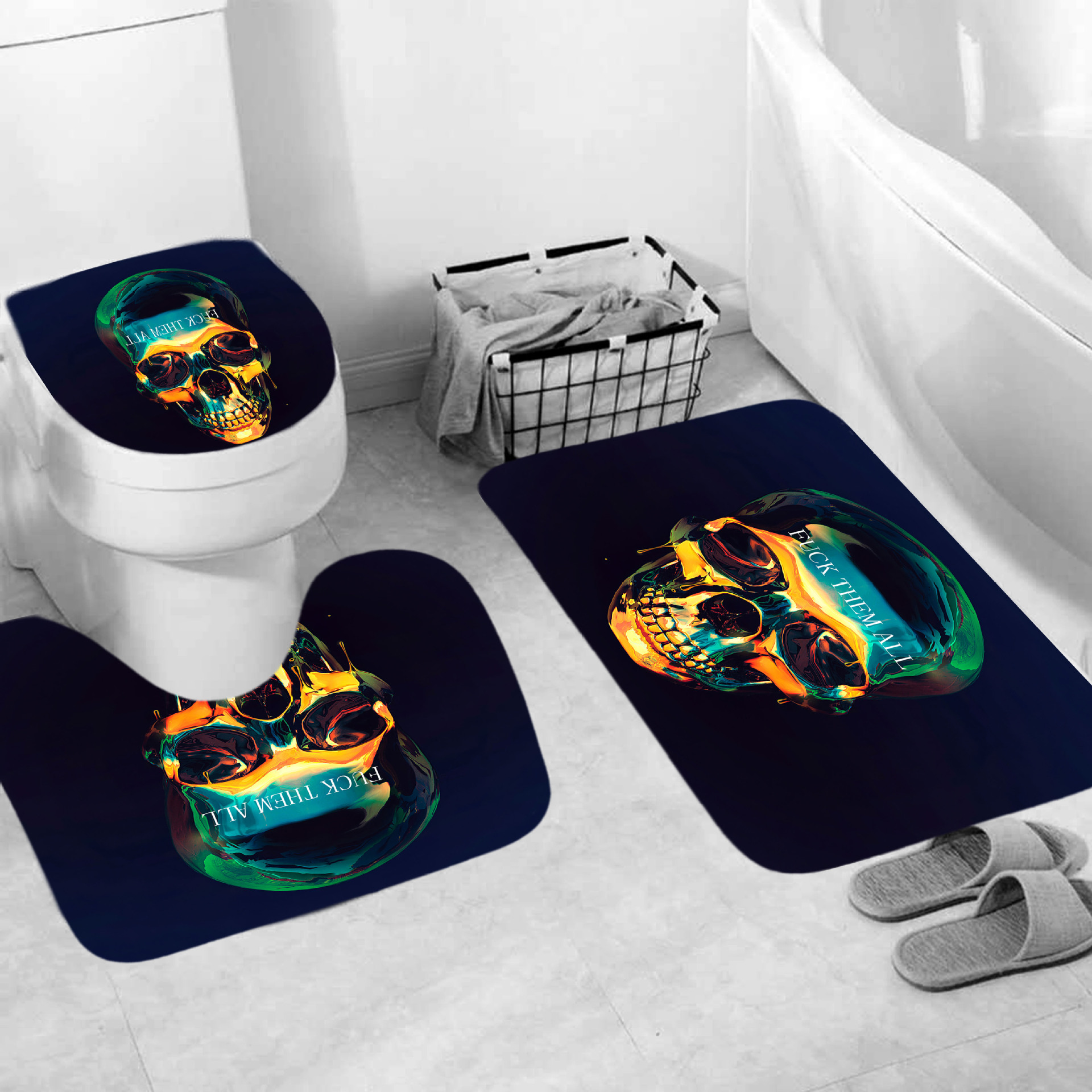 3D Digital Printing Wansheng Skull Polyester Shower Curtain Floor Mat Toilet Mat Toilet Lid Four-Piece Set Customized Products