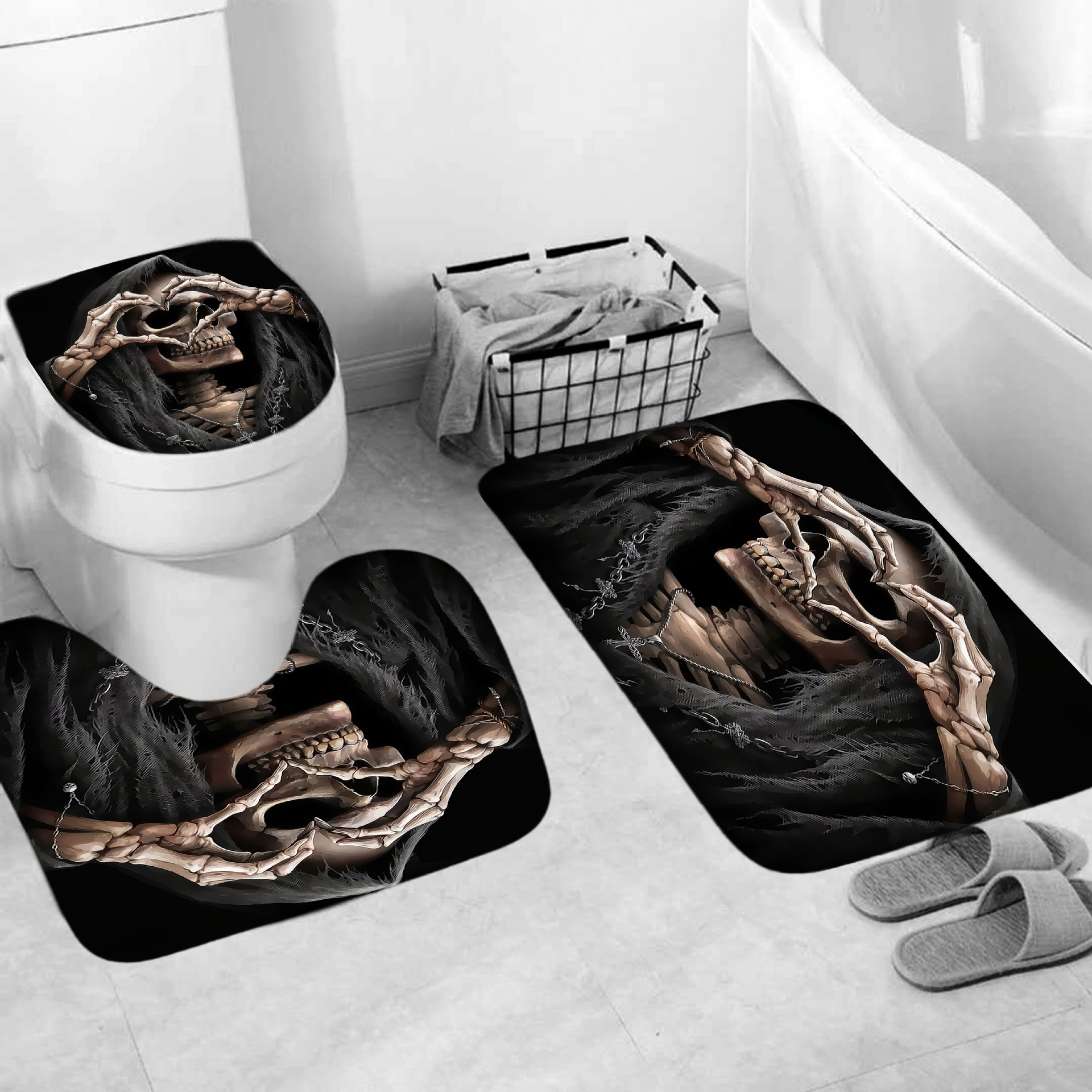 3D Digital Printing Wansheng Skull Polyester Shower Curtain Floor Mat Toilet Mat Toilet Lid Four-Piece Set Customized Products