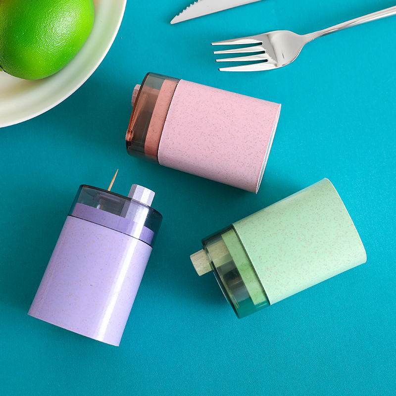 Wheat Toothpick Box Creative Automatic Pop-up Household Living Room Push Button Toothpick Bottle Cans Portable Portable Toothpick Holder