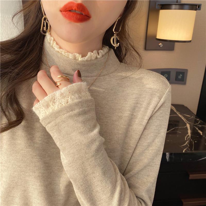 Double-Sided Dralon Toothpick Bottoming Shirt Women&#039;s Half Turtleneck Autumn and Winter Fleece Long Sleeve T-shirt Lace Western Style Inner Wear Top