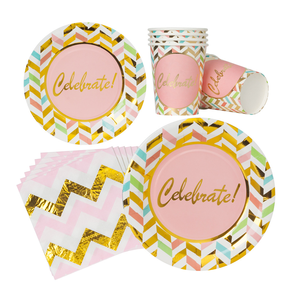 Party Supplies Pink and Bronze Letters Disposable Gilding Tableware Theme Pink Gold Party Tableware Decoration Set