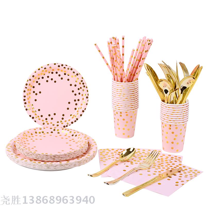 Pink Gold Pot Disposable Tableware Set for Party and Banquet Pink Gold Pot Disposable Tableware Set for Party and Banquet