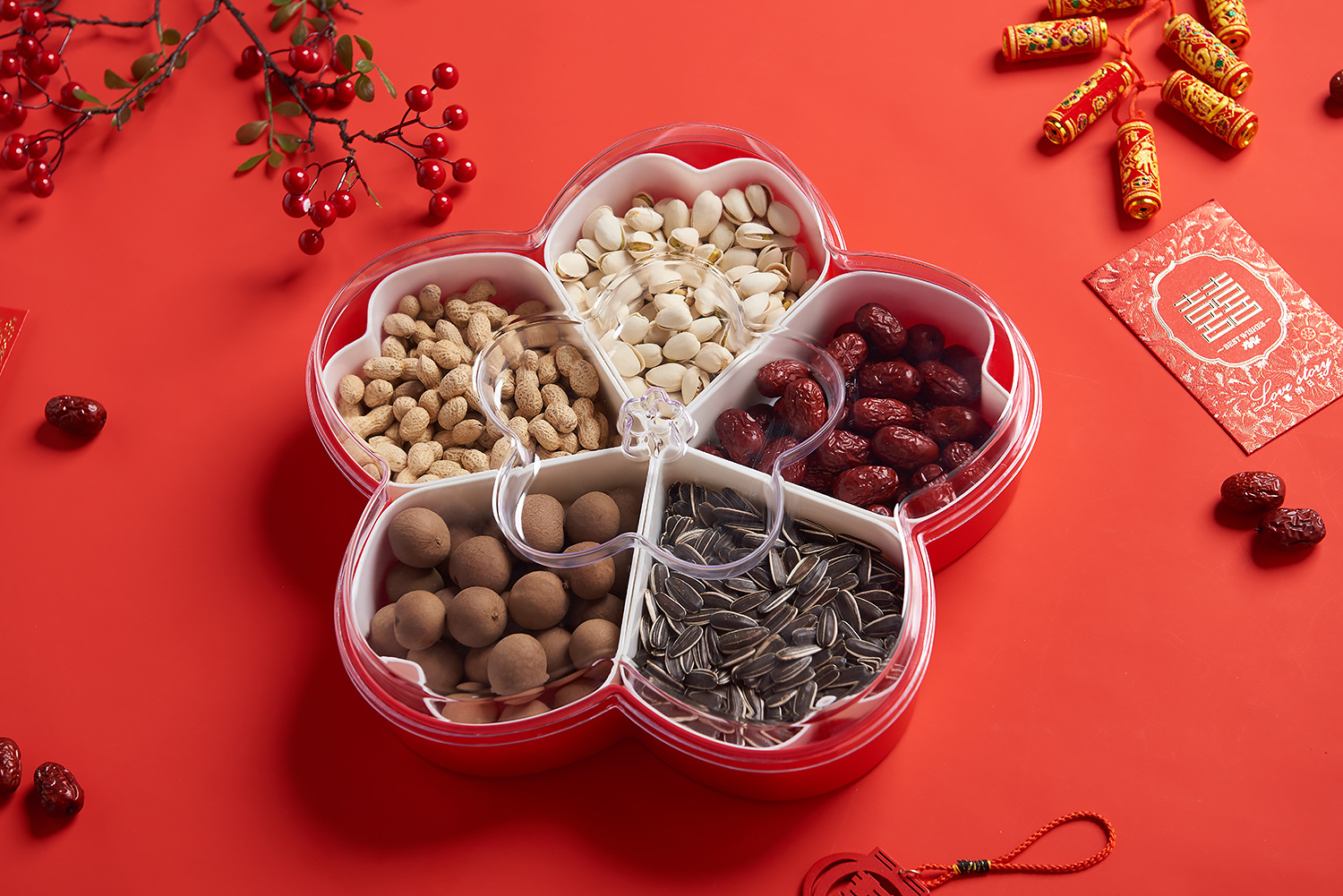 Plum-Shaped Grid 5-Grid Nuts Candy Box Creative Candy Plate Wedding Dried Fruit Box Snack Dish