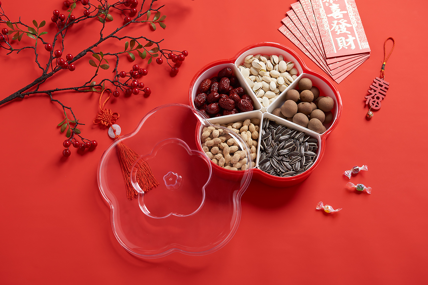 Plum-Shaped Grid 5-Grid Nuts Candy Box Creative Candy Plate Wedding Dried Fruit Box Snack Dish