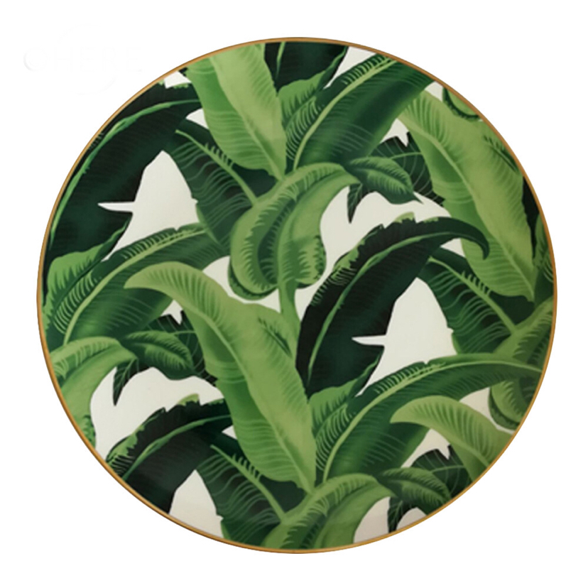 High Bone China Dish Ceramic Western Cuisine Plate Tableware Japanese Banana Leaf Table round Plate Flat Plate Shallow Plate Large Tray