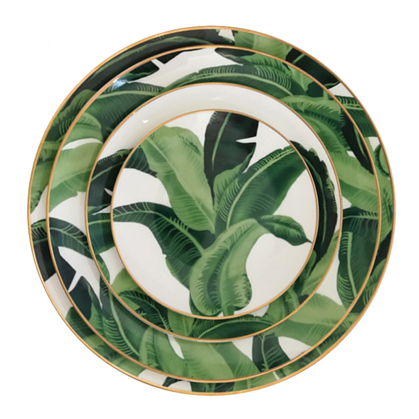 High Bone China Dish Ceramic Western Cuisine Plate Tableware Japanese Banana Leaf Table round Plate Flat Plate Shallow Plate Large Tray