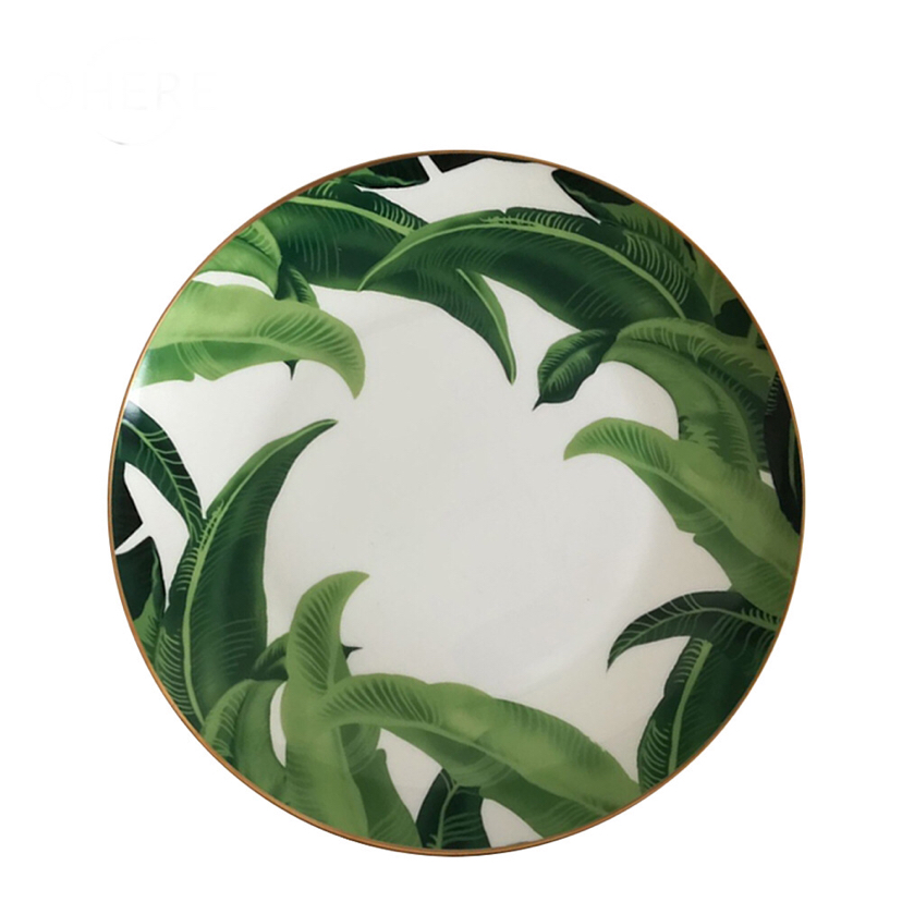 High Bone China Dish Ceramic Western Cuisine Plate Tableware Japanese Banana Leaf Table round Plate Flat Plate Shallow Plate Large Tray