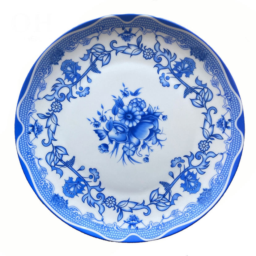 Bone China Flat Plate Tableware Ceramic Large Plate Tray Shallow Plate Disc Blue and White Fruit Cake Plate