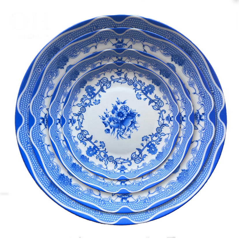 Bone China Flat Plate Tableware Ceramic Large Plate Tray Shallow Plate Disc Blue and White Fruit Cake Plate