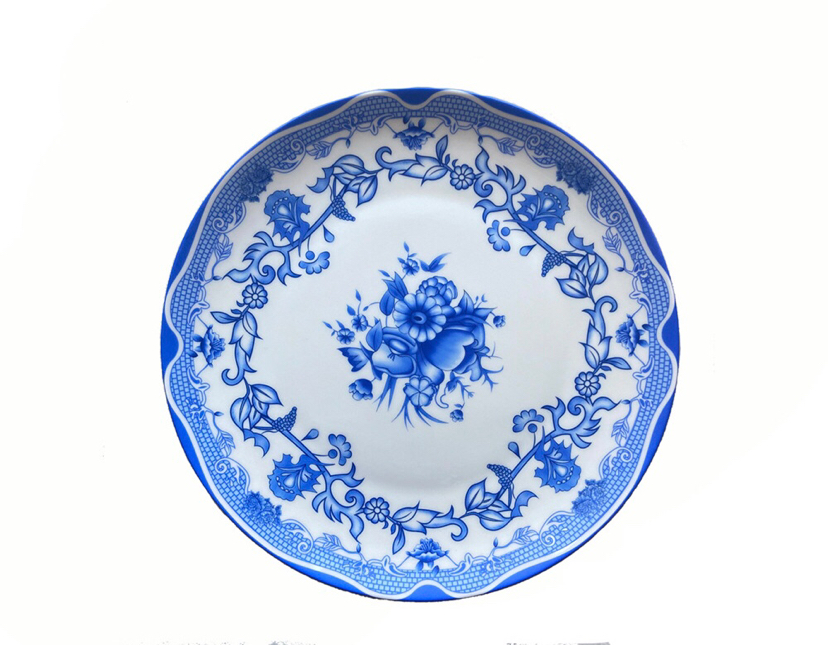 Bone China Flat Plate Tableware Ceramic Large Plate Tray Shallow Plate Disc Blue and White Fruit Cake Plate